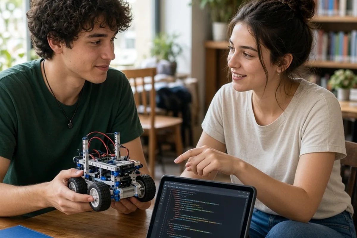 Two young adults in a library cafe working together on a robotics project, one holding a small kit and the other using a tablet