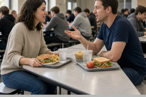 Two young adults seated across from each other at a school lunch table during lunch break, with trays of food between them