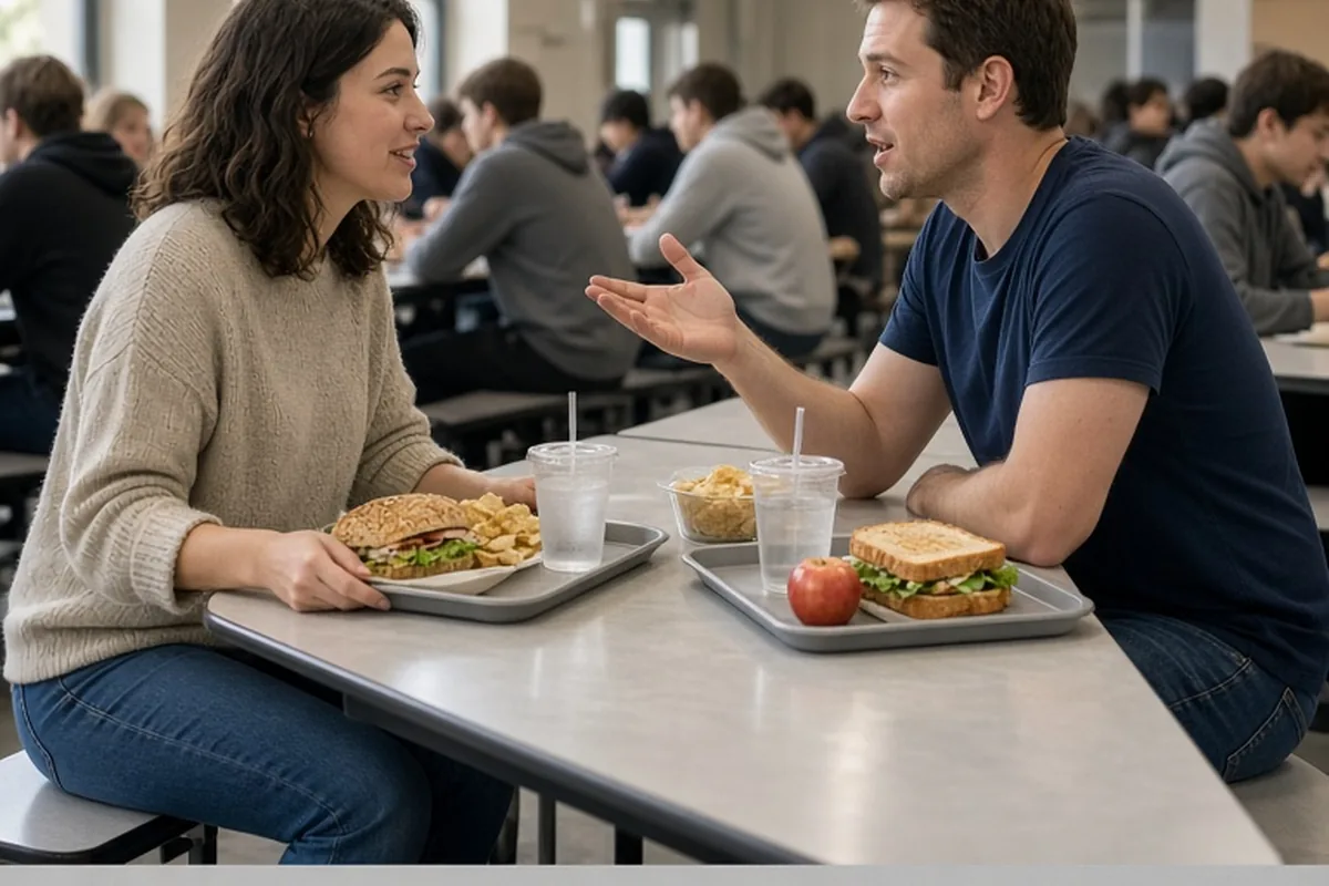 Two young adults seated across from each other at a school lunch table during lunch break, with trays of food between them