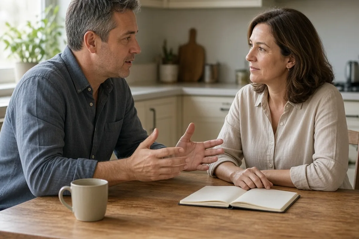 A middle-aged couple at a kitchen table, man gesturing while speaking, woman listening with notebook.