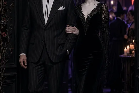 A couple dressed as Gomez and Morticia Addams entering a dimly lit Halloween party with the man in a pinstripe suit and the woman in a black mermaid dress