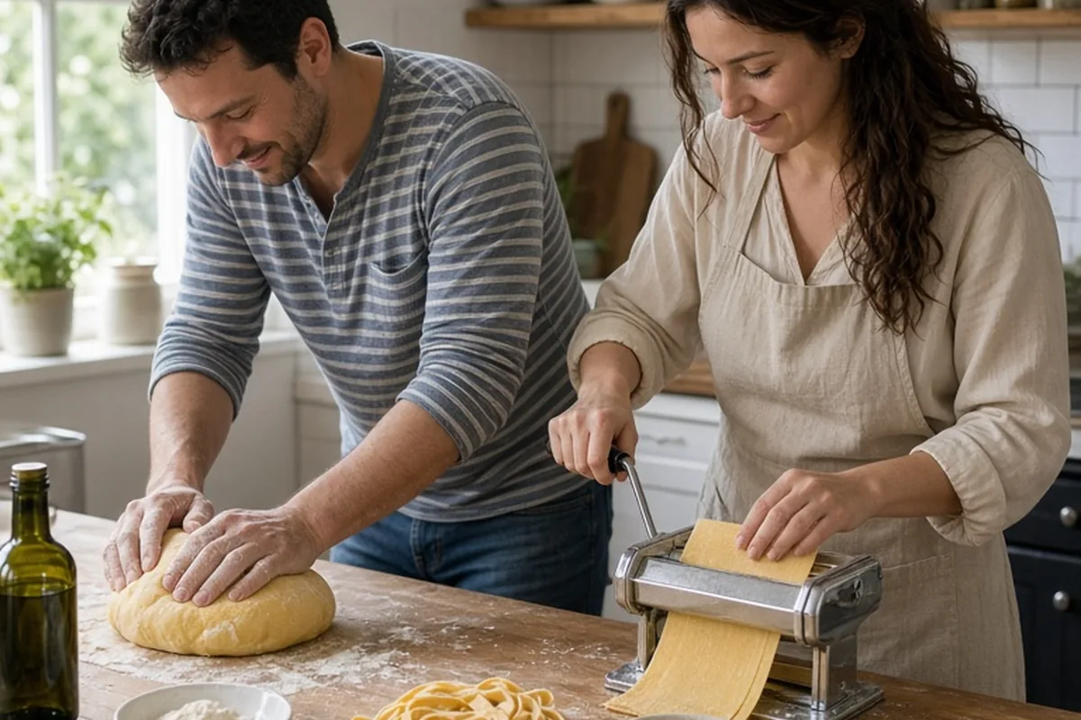 A man and a woman in their thirties standing at a kitchen counter kneading pasta dough on the counter and rolling it through a hand-cranked pasta machine