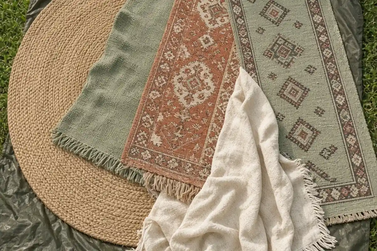 High angle view of layered jute, kilim, and cotton rugs spread on grass with a wooden picnic table nearby
