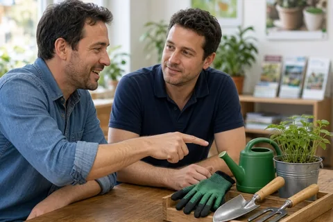 Two men in their mid-thirties at a home improvement seminar looking at gardening tools while conversing