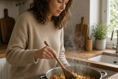 A woman in her thirties wearing a beige sweater and comfortable sweatpants gently stirring a pot of homemade dinner on the stove in her home kitchen