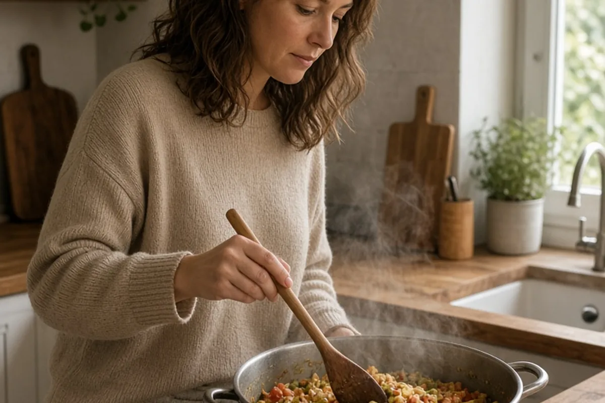 A woman in her thirties wearing a beige sweater and comfortable sweatpants gently stirring a pot of homemade dinner on the stove in her home kitchen