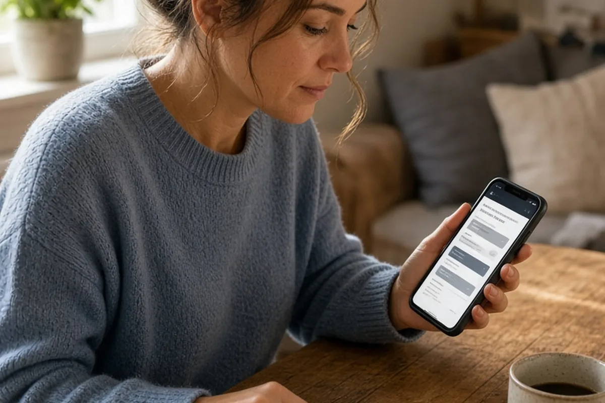 A parent sitting at a desk holding a smartphone next to a receipt, focused on uploading the receipt photo using a co-parenting app