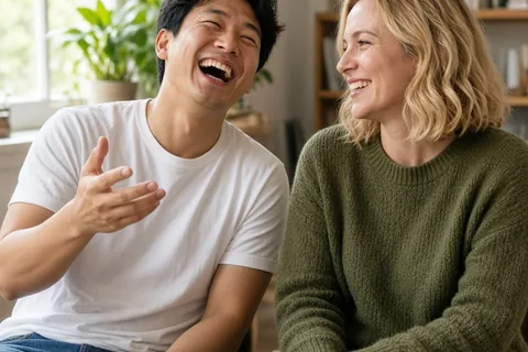 Two adults sitting at a desk in a bright room, the man laughing and the woman smiling while looking at a smartphone displaying a video frame between them