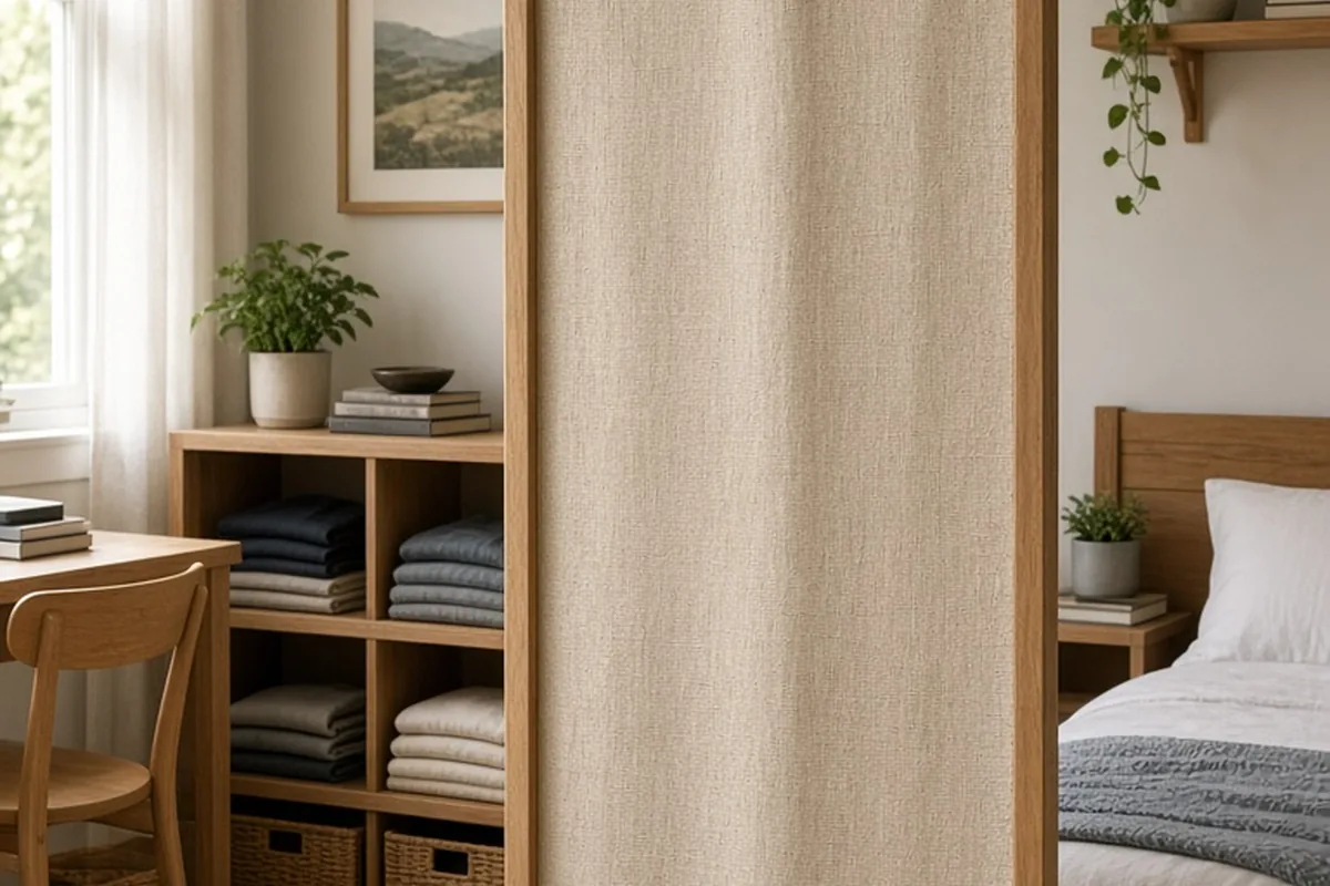 A shared bedroom with a room divider dividing the space into two zones and designated shelves holding personal items on both sides