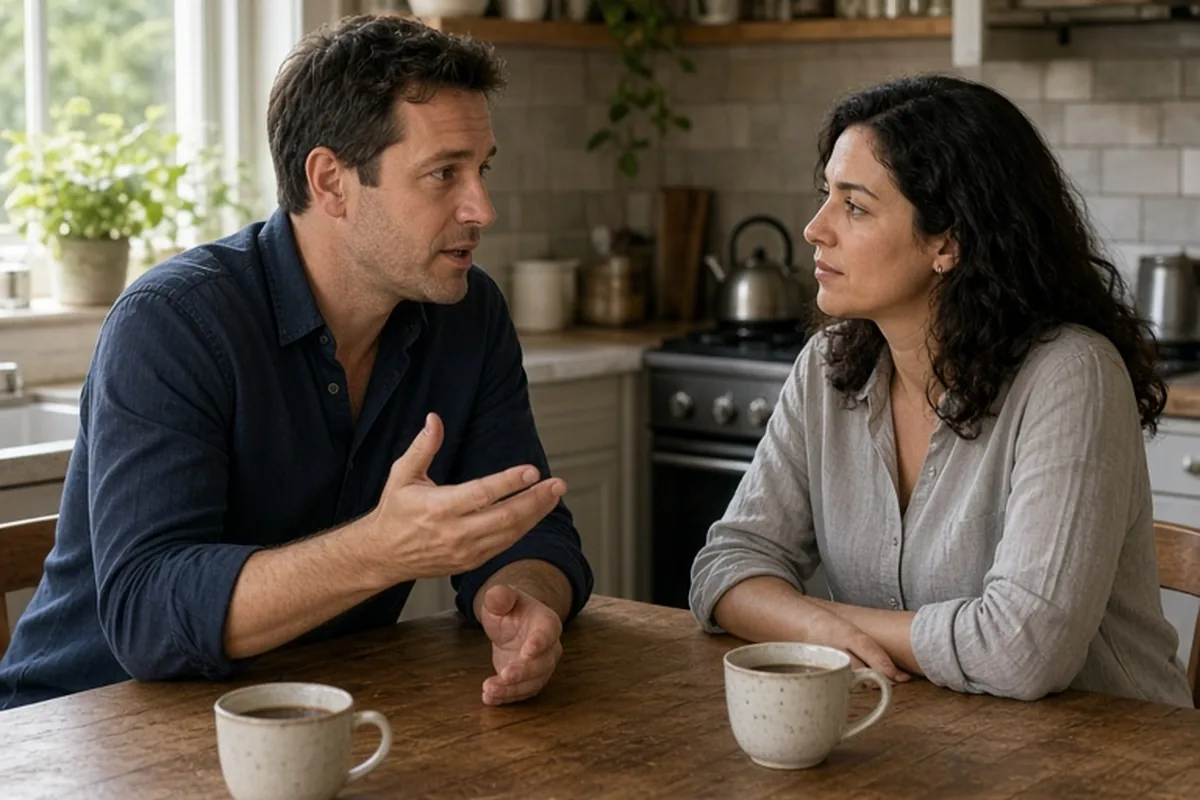 A clearly adult man in his thirties with short brown hair and a clearly adult woman in her late twenties with shoulder-length dark wavy hair sitting at a wooden table in a home kitchen engaged in a pr