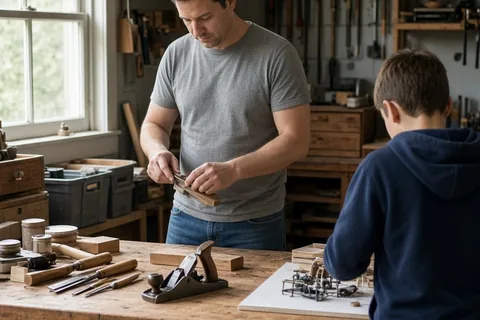 Adult man in his thirties arranging woodworking tools at garage workbench with model kit nearby and pre-teen boy from behind working on hobby project
