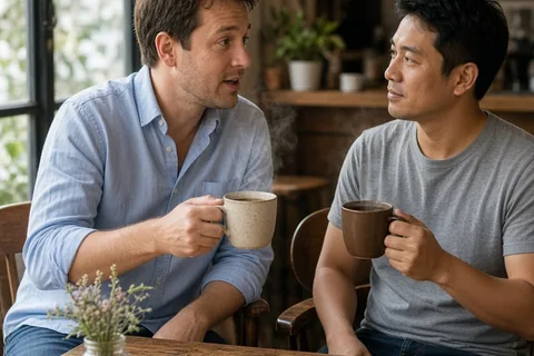 Two clearly adult men in their thirties sitting at a cafe table engaged in a heartfelt conversation about emotional distance and friendship support.