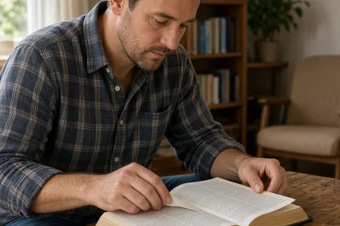 A man in his thirties sitting at a wooden table in his home reading an open Bible