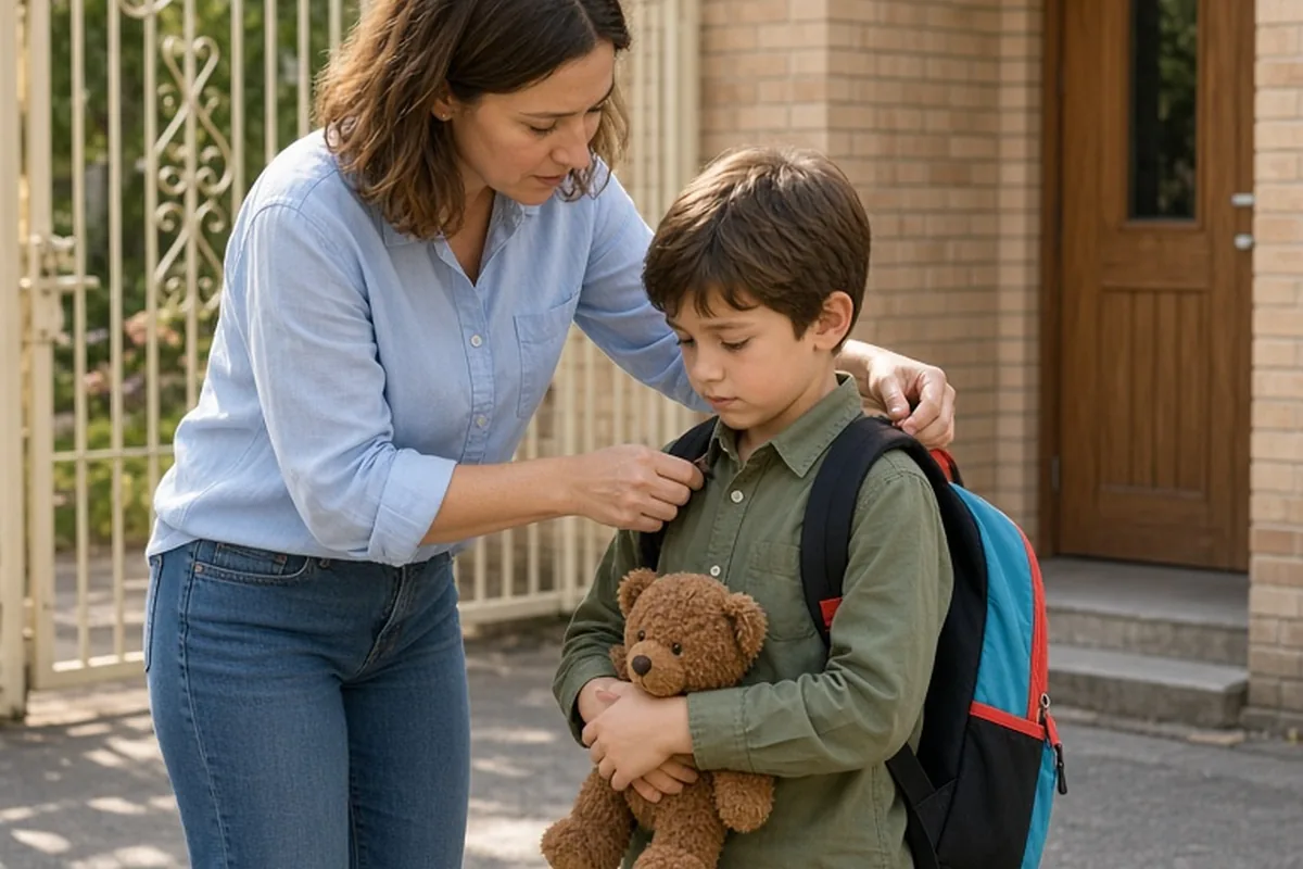 A mother helping an eight-year-old boy put on his backpack at a school entrance on a Friday morning.