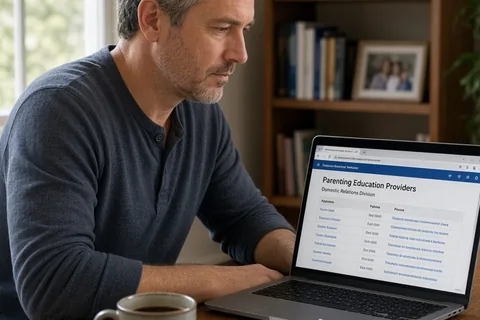 A clearly adult man in his forties with short graying hair sitting at a desk with his laptop open to a court website.