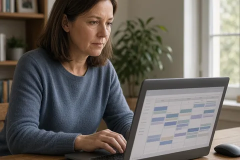 A woman in her mid-forties with straight brown hair sitting at a wooden desk in a home office, focused on her laptop screen with an abstract digital interface.