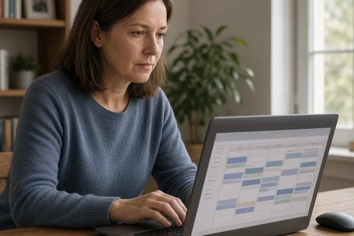 A woman in her mid-forties with straight brown hair sitting at a wooden desk in a home office, focused on her laptop screen with an abstract digital interface.