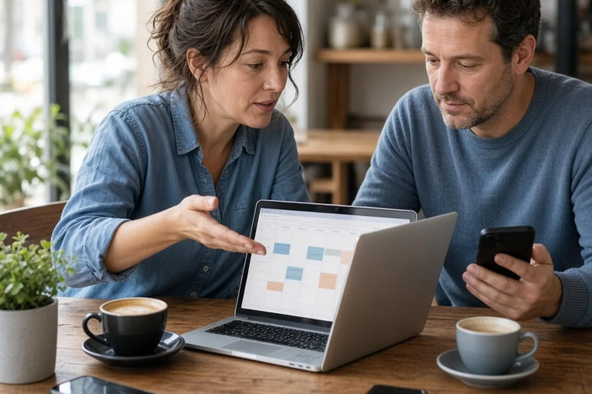 Two adults at a cafe table reviewing a calendar on a laptop and phones