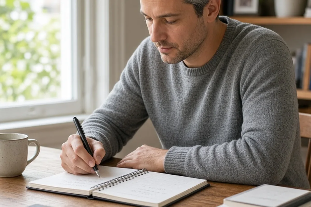 A clearly adult man with short salt-and-pepper hair writes in a spiral notebook at a desk in a bright home office.