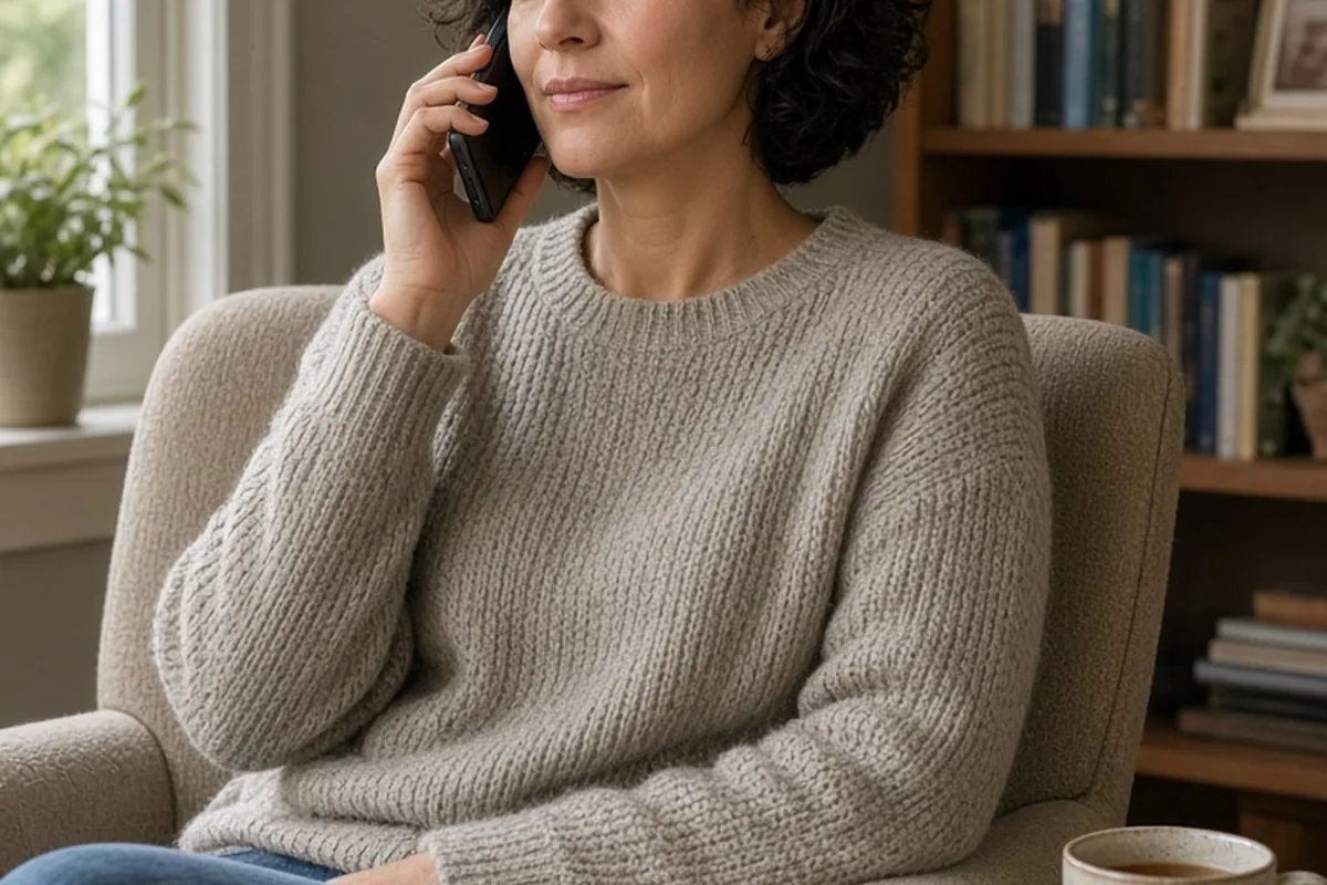 A woman on the phone calmly explaining to her brother that she will spend Thanksgiving dinner with friends instead of attending the family gathering in her living room