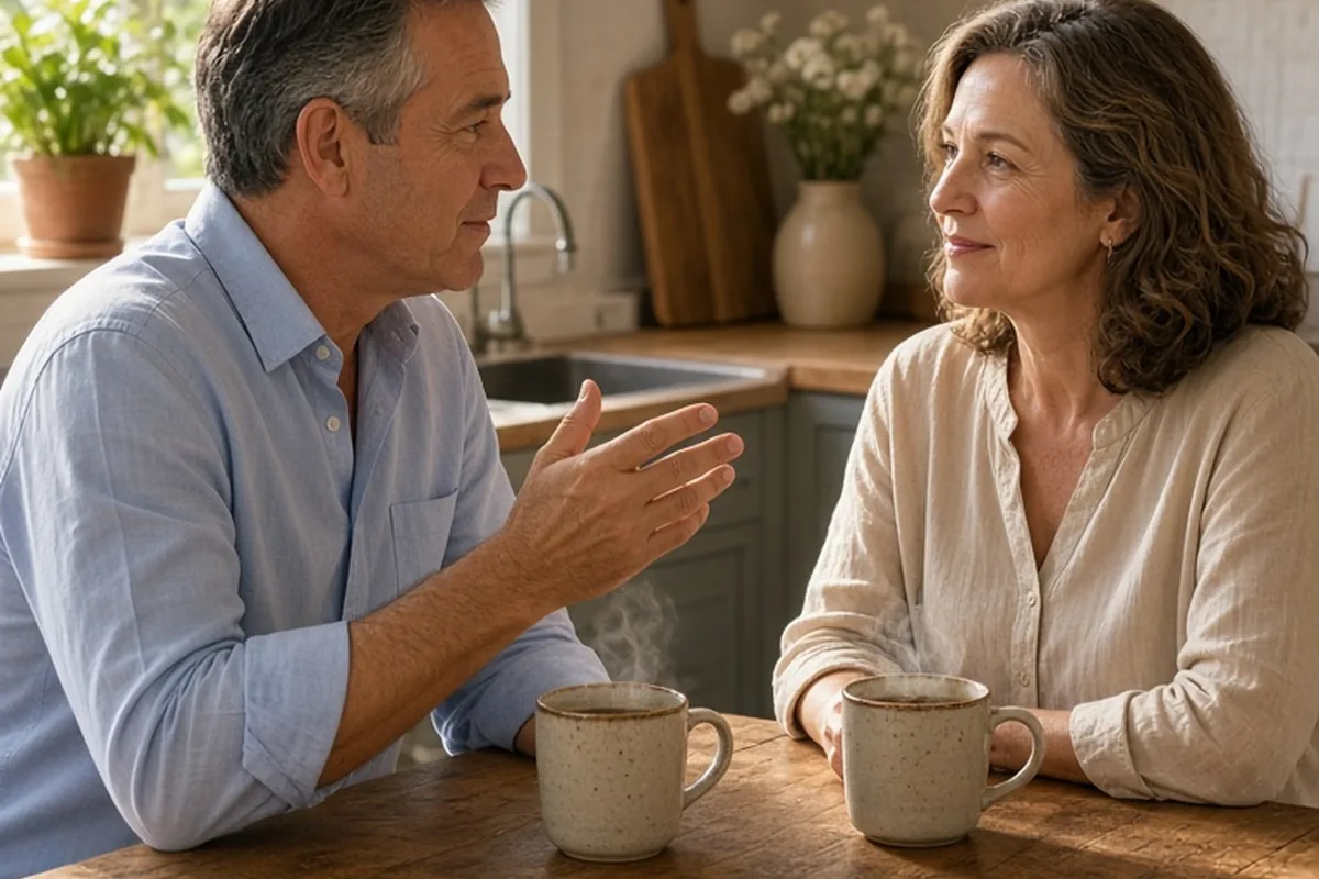 A couple in their mid-fifties at a kitchen table during their morning coffee routine, husband speaking to wife with coffee mugs in front
