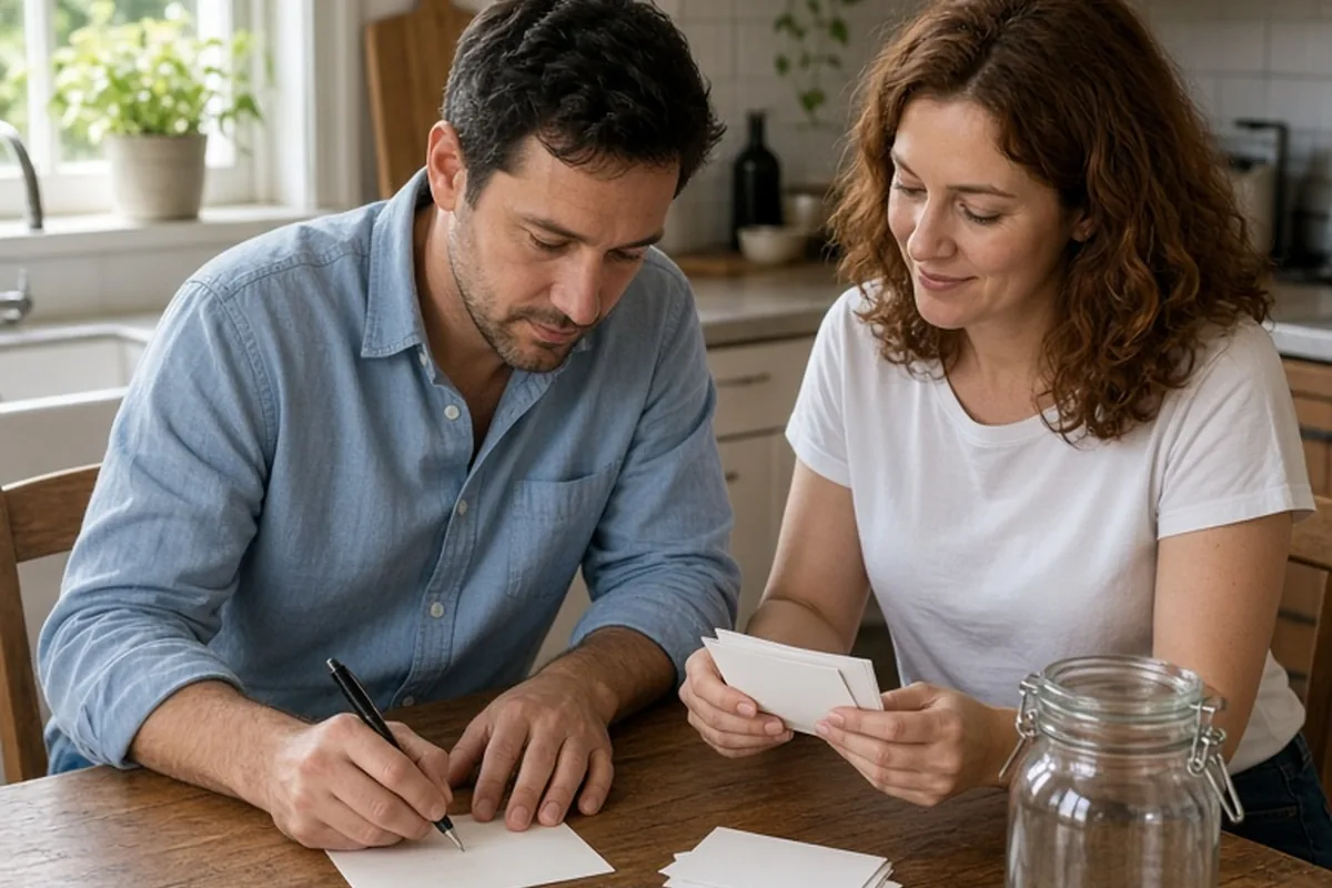 A man and a woman sitting at a wooden table writing on cardstock in a home kitchen, with pens and a decorative jar on the table.