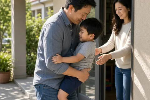 A father and mother exchanging their young child at the entrance of an after-school care facility