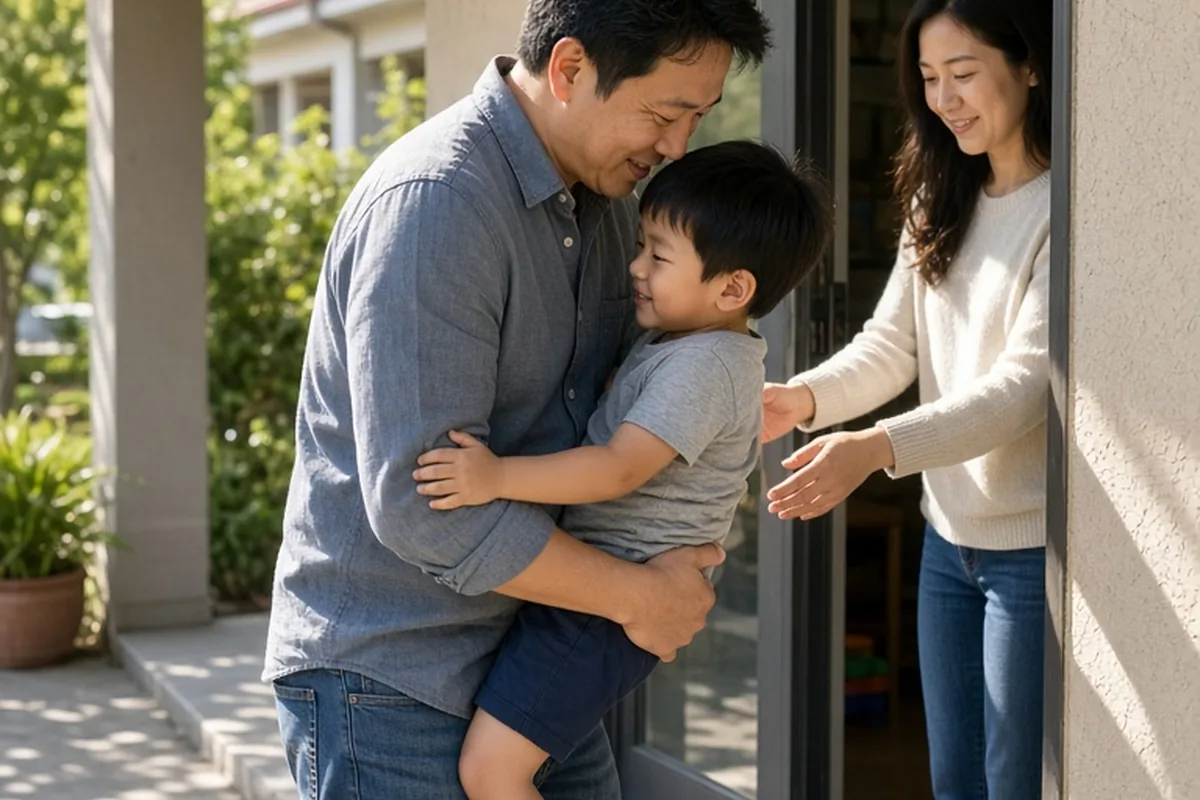 A father and mother exchanging their young child at the entrance of an after-school care facility