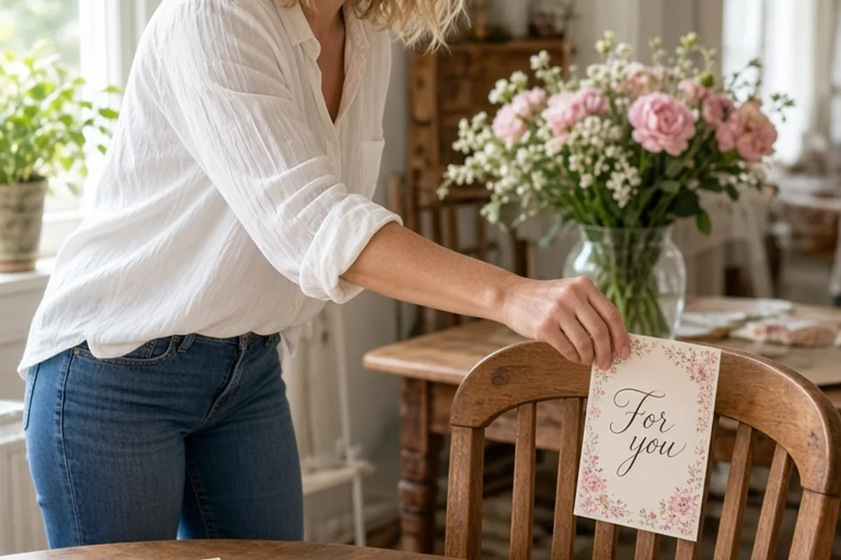 A woman's hand placing a handmade Galentine's Day card at an empty seat at a dining table