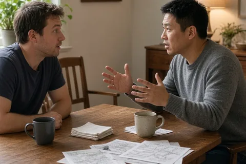 Two men in their thirties sitting at a dining table, one speaking about his past interest in architecture and mapmaking while the other listens