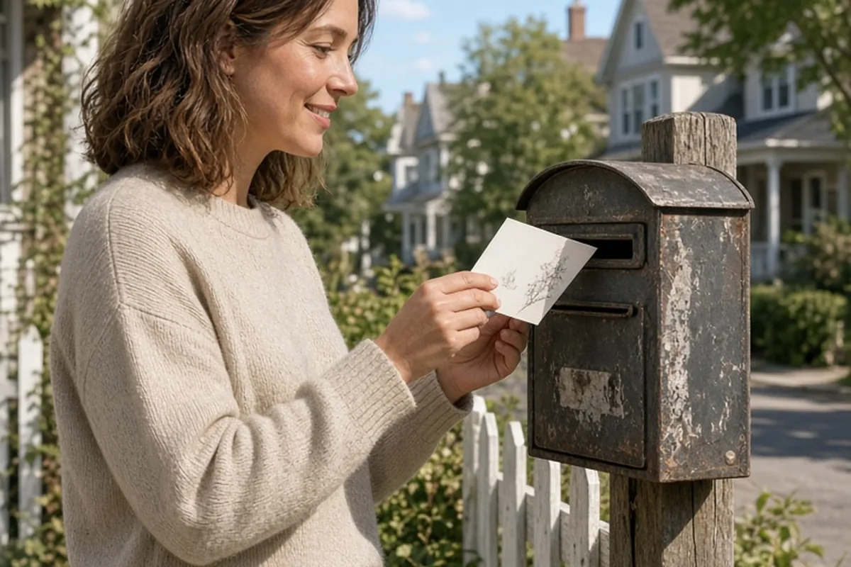 A woman in her thirties placing a postcard into an outdoor mailbox on a bright sunny day