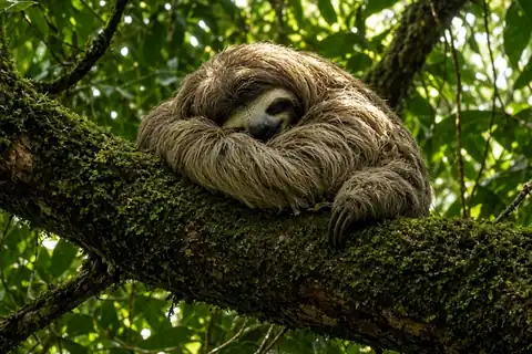 A three-toed sloth curled tightly into a peaceful ball high in the rainforest canopy viewed from below