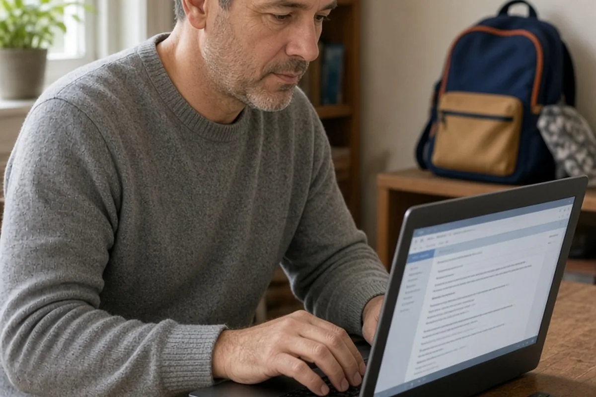 A man in his forties sitting at a desk typing on a laptop in a home office with a child's school backpack in the background