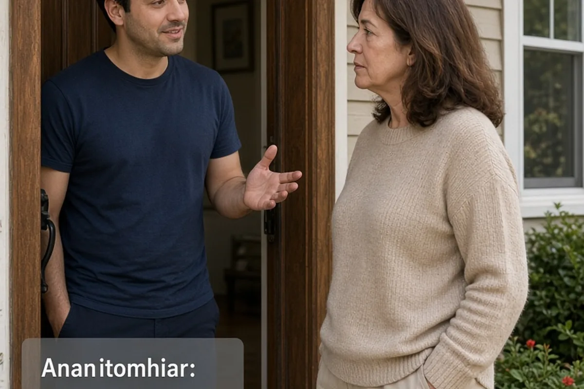 Jordan standing at the front door of his home greeting his mother and reminding her to schedule future visits