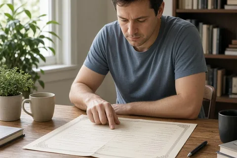 A person in their thirties with short brown hair sitting at a desk examining a long-form birth certificate