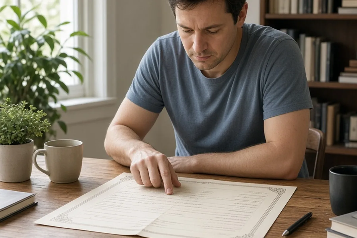 A person in their thirties with short brown hair sitting at a desk examining a long-form birth certificate
