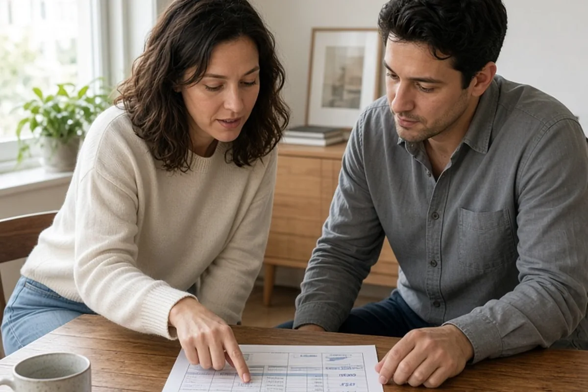 A woman in her early thirties with wavy dark brown hair wearing a cream sweater and a man in his late twenties with short dark hair wearing a gray shirt seated at a wooden table reviewing a printed bu