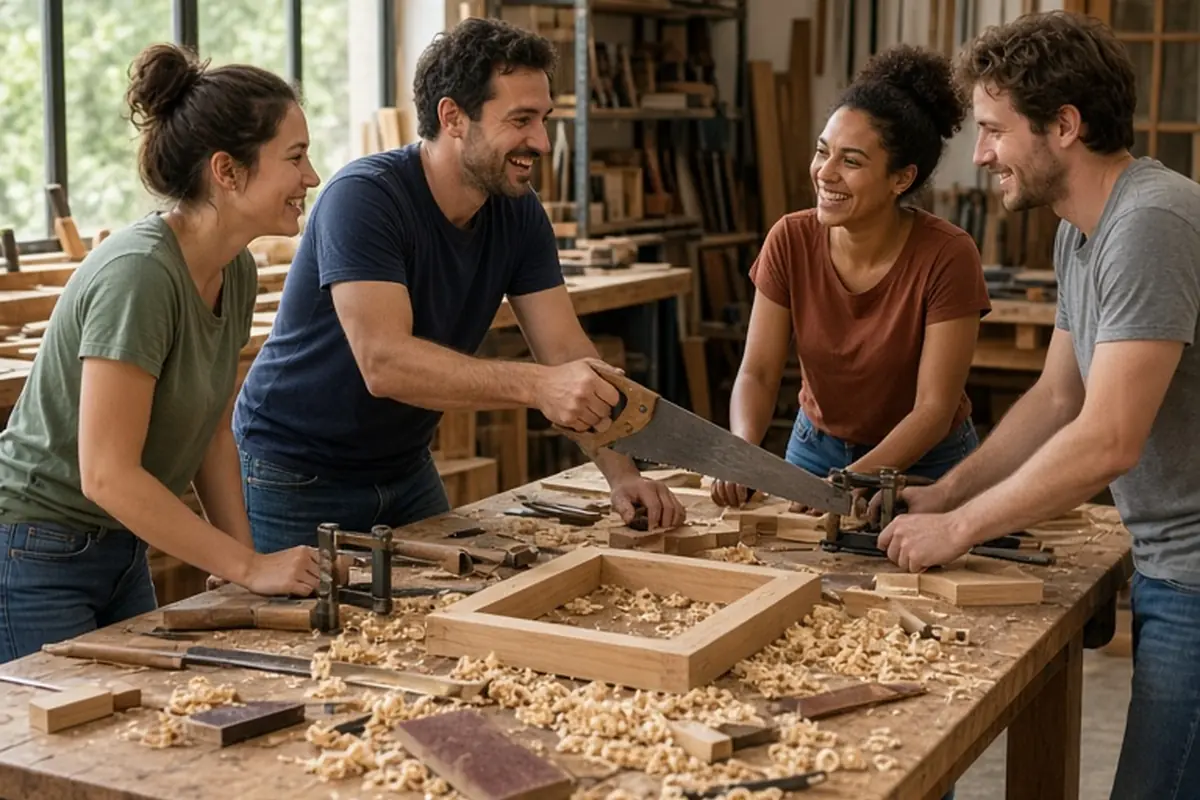 Four adults in their 20s and 30s working together on woodworking projects around a table in a bright workshop, sharing tools and chatting