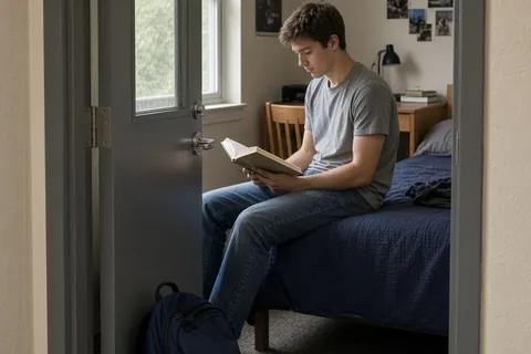 A college student in a dorm room with the door propped open by a backpack, sitting on the bed reading a book as the hallway is visible in the background.