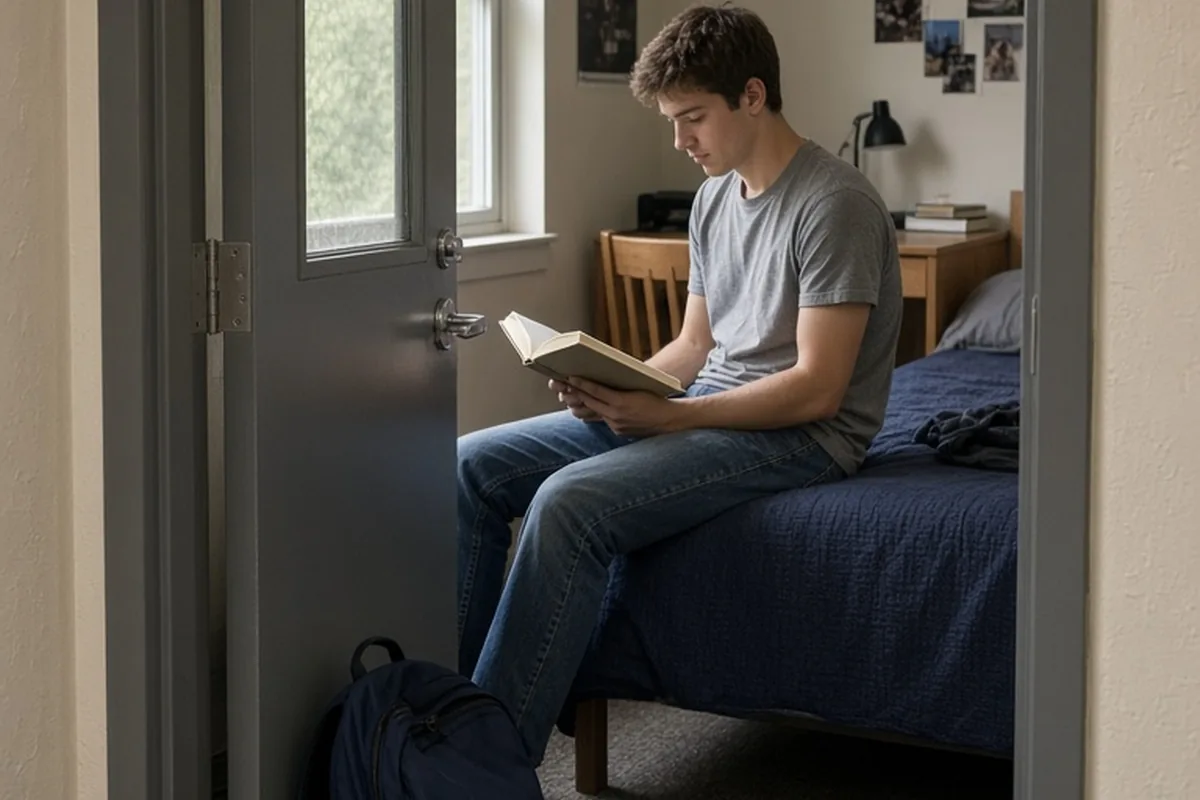 A college student in a dorm room with the door propped open by a backpack, sitting on the bed reading a book as the hallway is visible in the background.