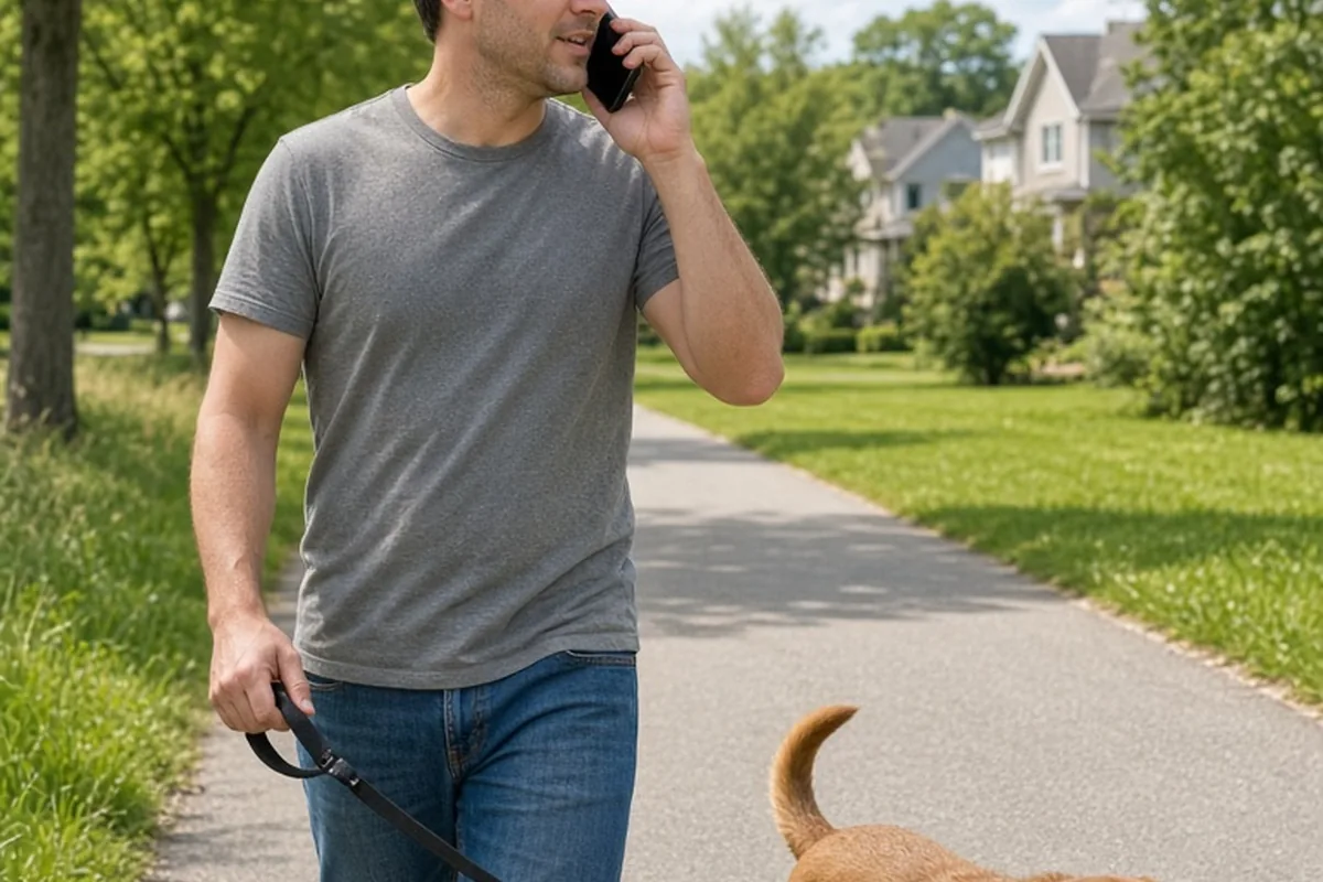 A man in his thirties walking a dog in a park while talking on the phone