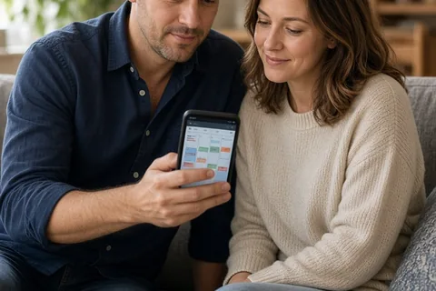 A clearly adult man and woman sitting on a sofa looking intently at a smartphone displaying a shared parenting app with a calendar