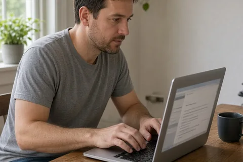 A man in his thirties with short brown hair sitting at a desk typing on a laptop in a home office