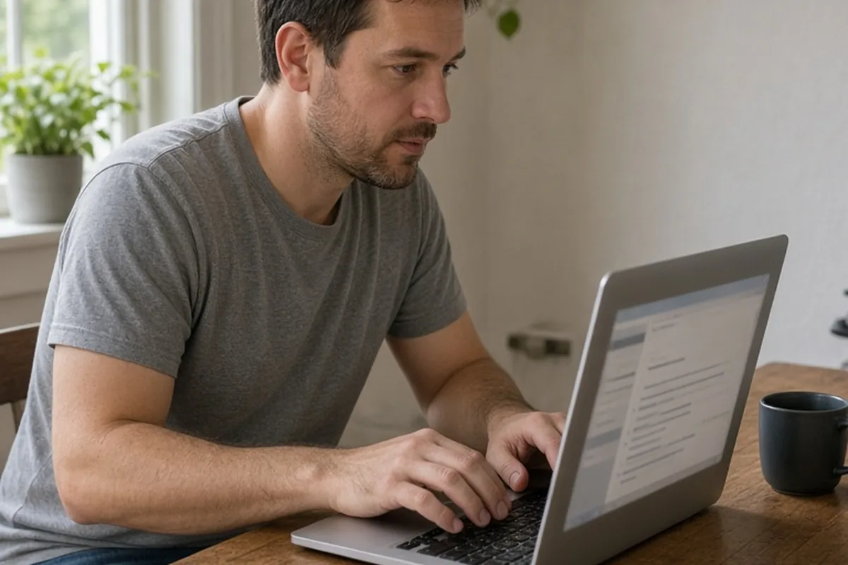 A man in his thirties with short brown hair sitting at a desk typing on a laptop in a home office
