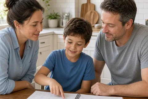 A young boy and two adults at a kitchen table reviewing an open calendar, with one parent pointing at the dates
