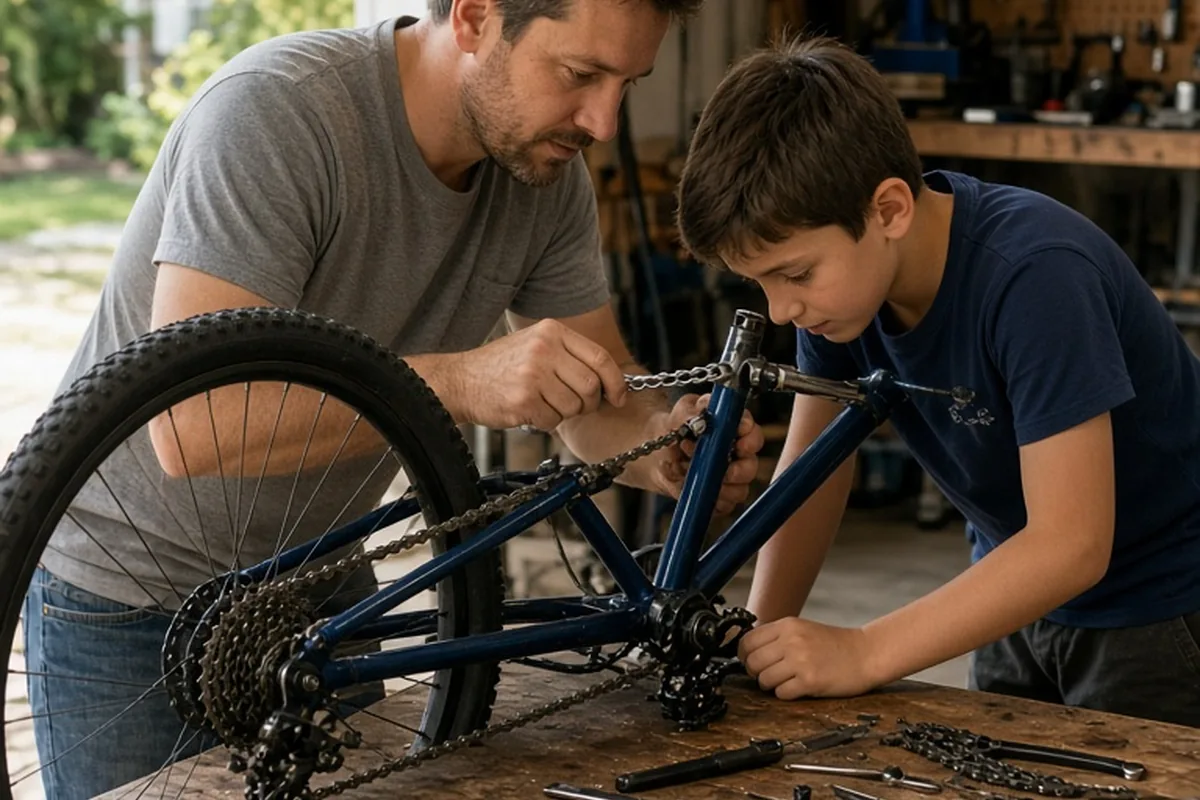 A man and a boy repairing a bicycle together in a garage