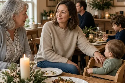A woman in her thirties calmly responds to her mother-in-law's criticism at a holiday dinner table by suggesting her husband discuss her recent trip while assisting her toddler child