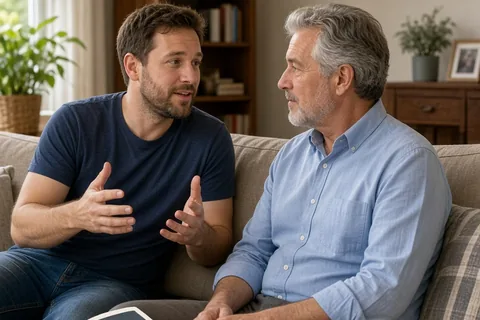 Two adult men in a living room; one gestures while explaining family bedtime routines and inviting the other to participate