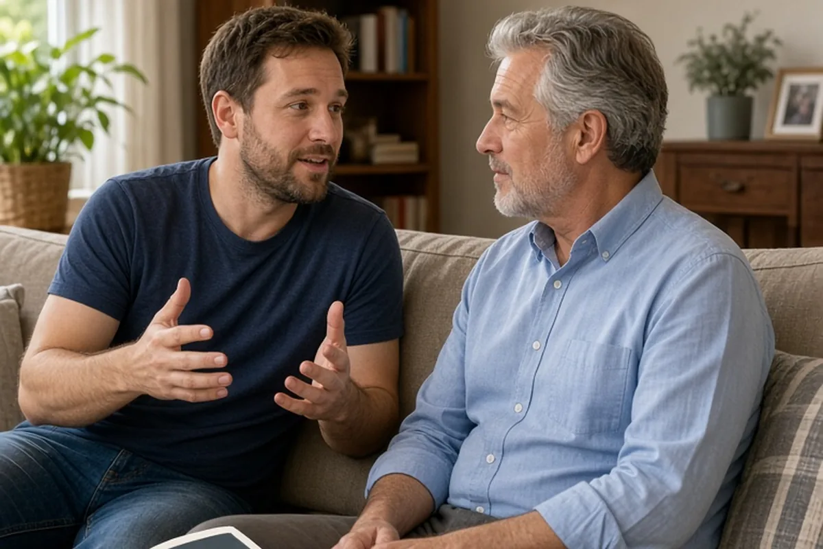 Two adult men in a living room; one gestures while explaining family bedtime routines and inviting the other to participate