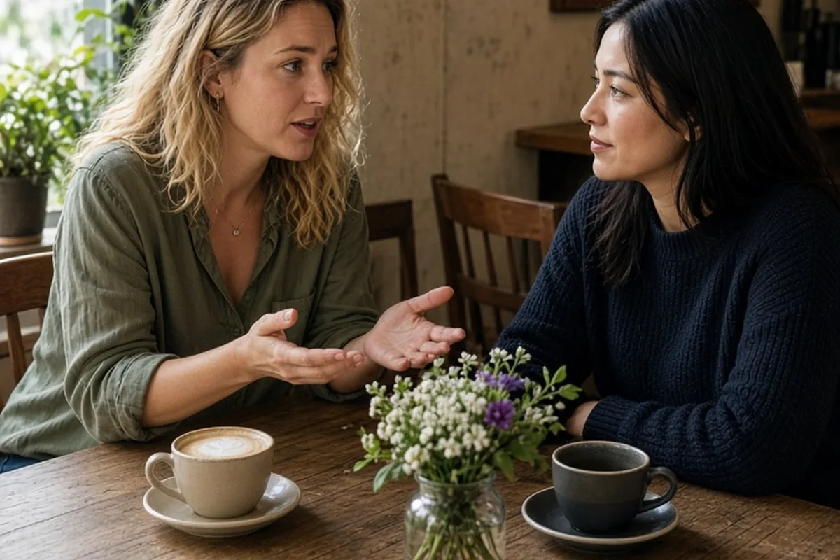 Two adult sisters at a cafe table, one speaking to the other